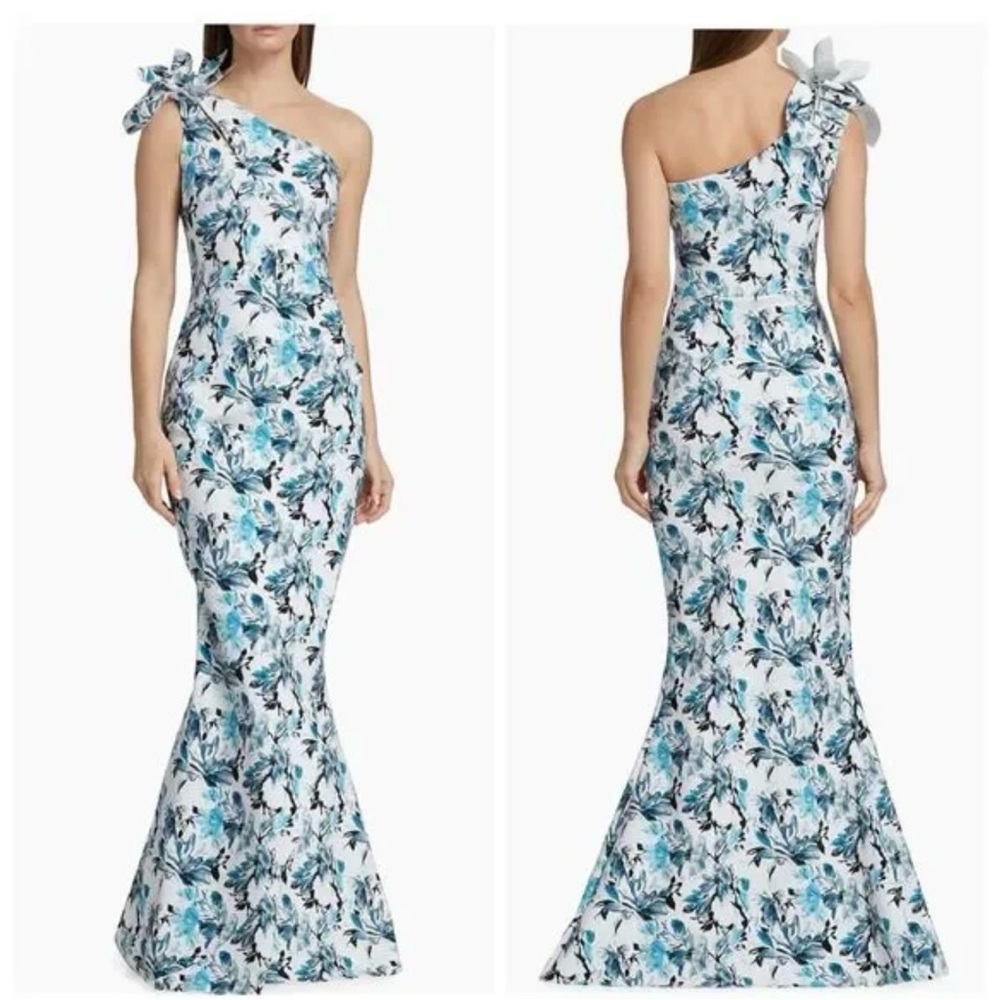 Chiara Boni One-Shoulder Floral Mermaid Dress in White and Blue
